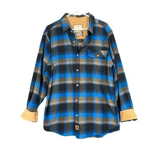 Legendary Whitetails Buck Camp Plaid‎ Flannel Shirt Mens L Blue Corduroy Trim